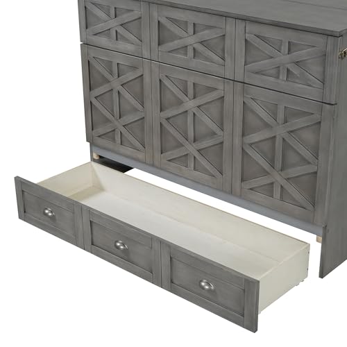 Harper & Bright Designs Full Size Murphy Bed Wall Bed, Solid Pine Murphy Bed Chest Cube Cabinet Bed with USB