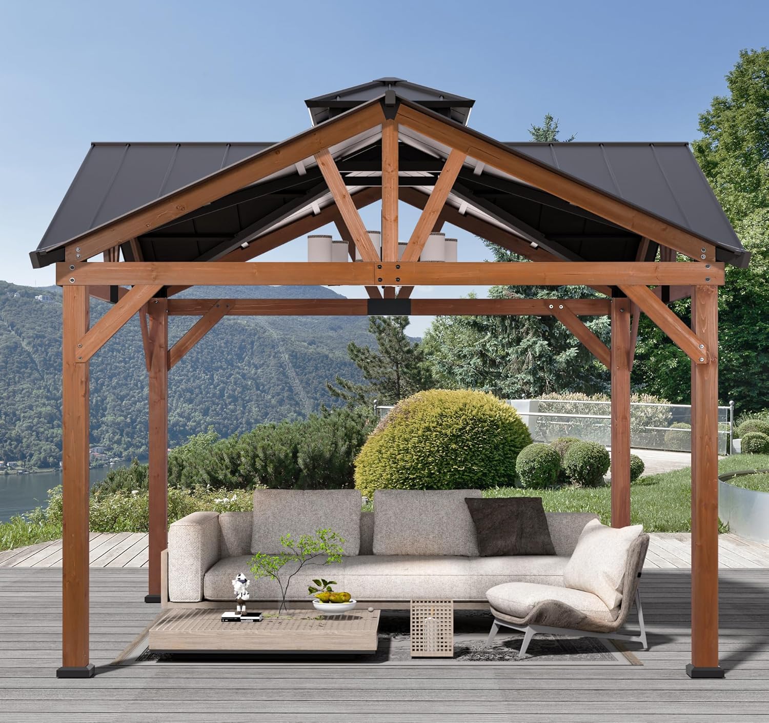 Modern Shade Wood Gazebo 12’x12’, Heavy Duty Hardtop Gazebo with Steel Roof, Water Resistant, Wind Resistant