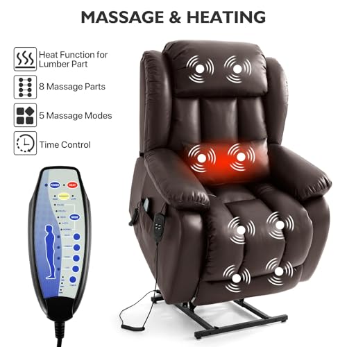 EDILLY Large Genuine Leather Power Lift Recliner Chairs for Elderly, Dual Motor with Massage and Heating,Double Lumbar Cushion and Extended Footrest