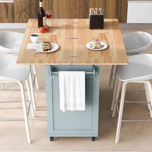 55.7'' Large Kitchen Island with 2 Drop Leaf, Rolling Kitchen Cart on 5 Wheels with Power Outlet