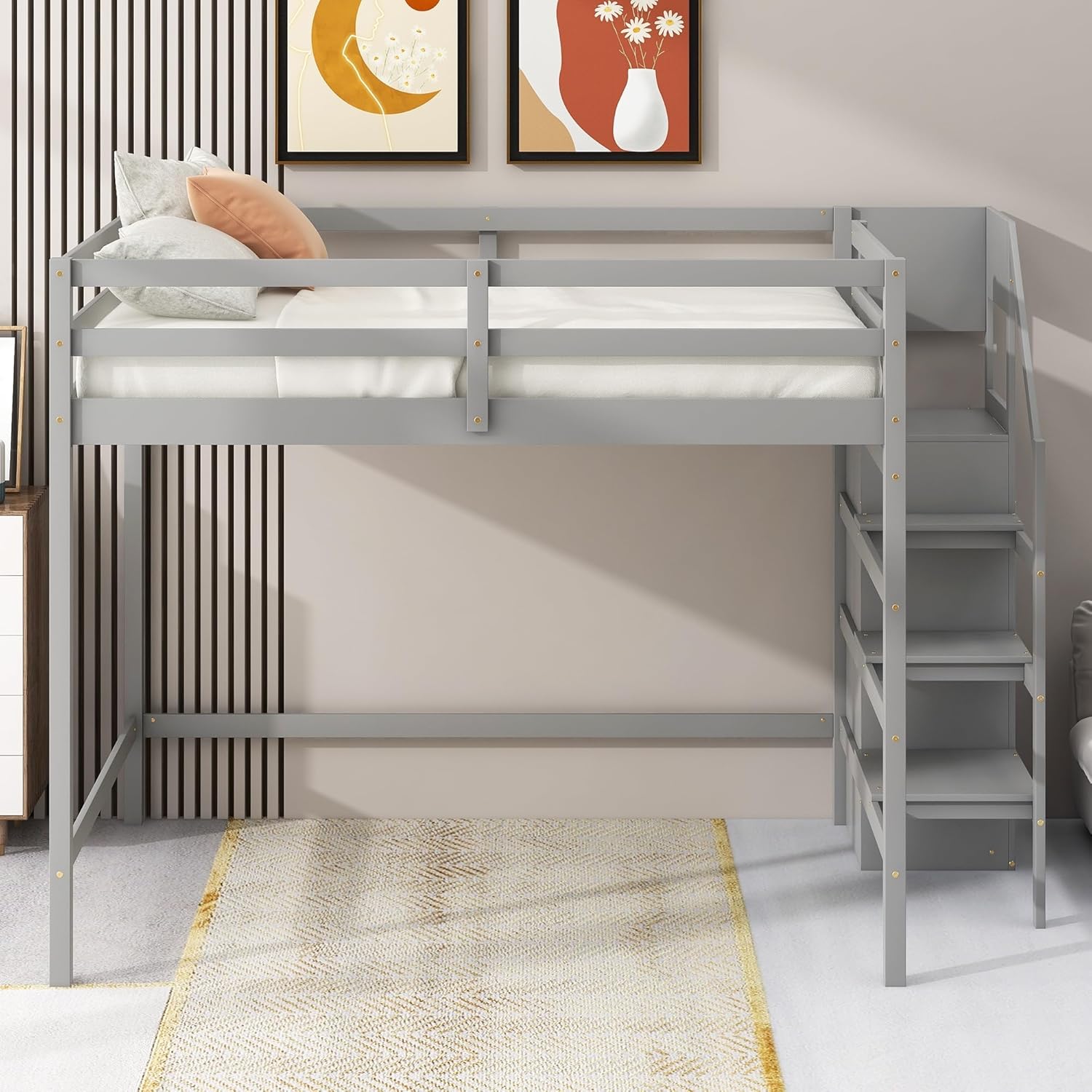 Gray Full Size Multi-Functional Wooden Loft Bed with Built-in Storage Wardrobe and Staircase Guardrails No Box Spring Required Grey Mission Craftsman
