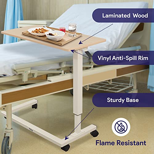 Medacure Hospital Bed Table, Light Oak - Overbed Table with Wheels & Adjustable Height - Food, Laptop, and Reading Overbed Desk