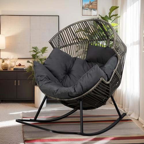 Vongrasig Outdoor Wicker Egg Chair PE Rattan Chair with Cushion, Oversized Patio Lounge Chair for Outdoor, Indoor, Balcony, Backyard, Garden, Black