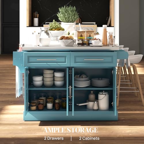 HOMCOM Rolling Kitchen Island Cart with Wheels, Portable Island Table for Kitchen with Stainless Steel Top, Adjustable Shelves, 2 Drawers, Spice