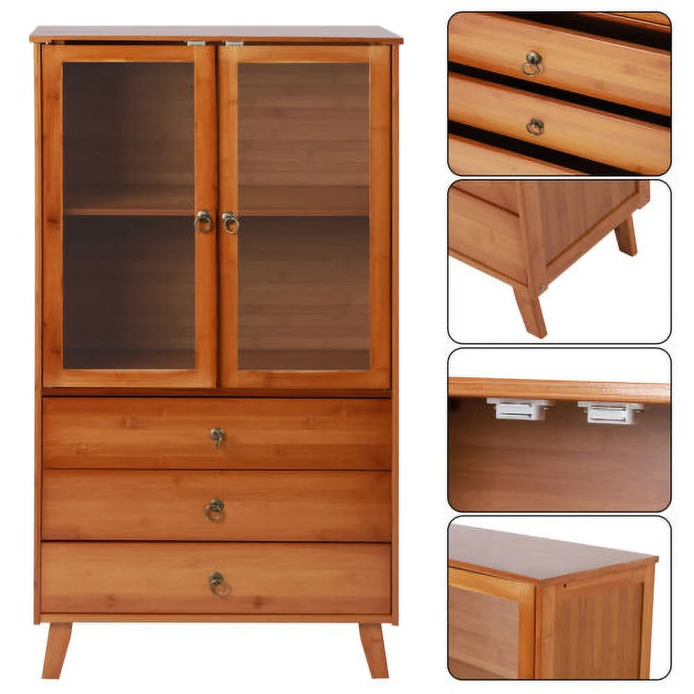 Wooden Storage Pantry Cupboard with 3 Drawers, Cabinets & 2 Acrylic Doors Brown