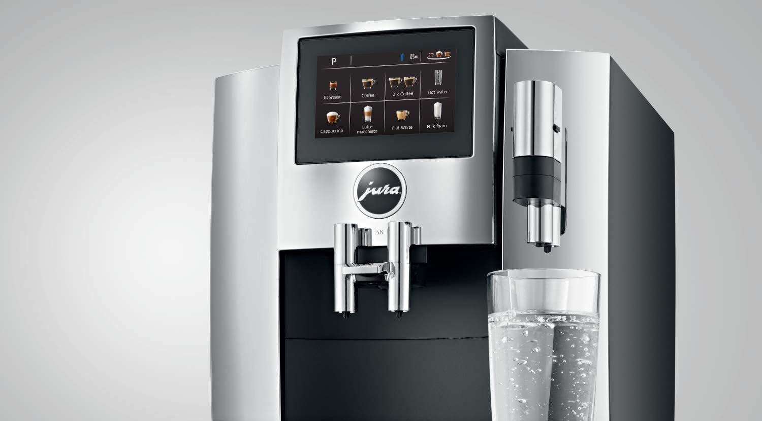 Jura S8 Automatic Coffee Machine, 64 ounces, Chrome & Milk System Cleaner Mini-Tabs w/Dispenser (180 g bottle), white