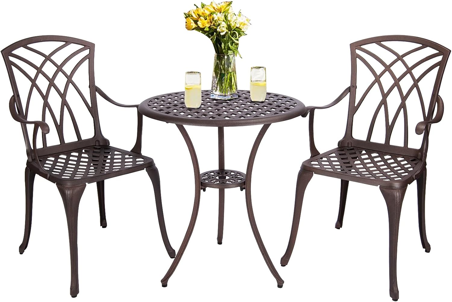 Polar Aurora 3 Piece Patio Bistro Set Cast Aluminum Bistro Table Set Outdoor Round Dining Table with Umbrella Hole for Porch, Lawn, Garden, Backyard