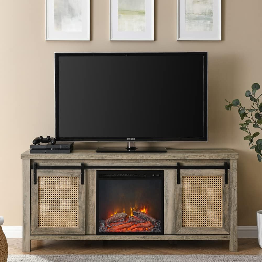 AWQM Electric Fireplace TV Stand for 65 Inches TV ,Entertainment Center with Fireplace,Double Sliding Barn Door Fireplace Console Table