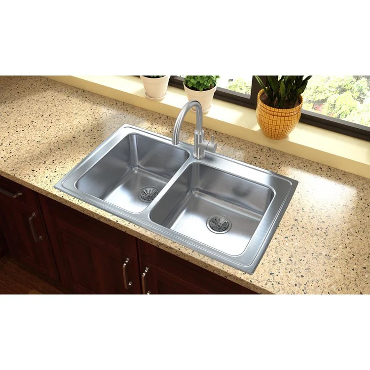 Kitchen Sink Lustertone Classic 37 x 22 Inch Double Bowl Offset 2 Hole Lustrous Satin Drop-In