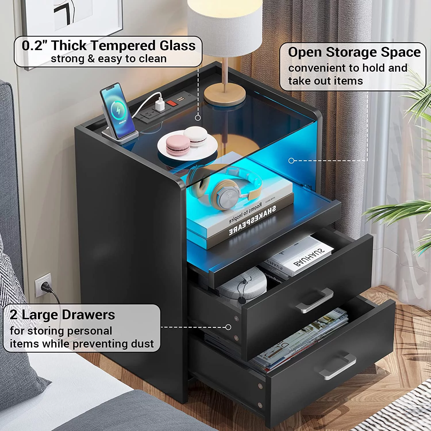 Black Nightstand with LED Lights and Charging Station,LED Nightstand with Sliding Storage Drawers & Shelf, Glass Top,Black