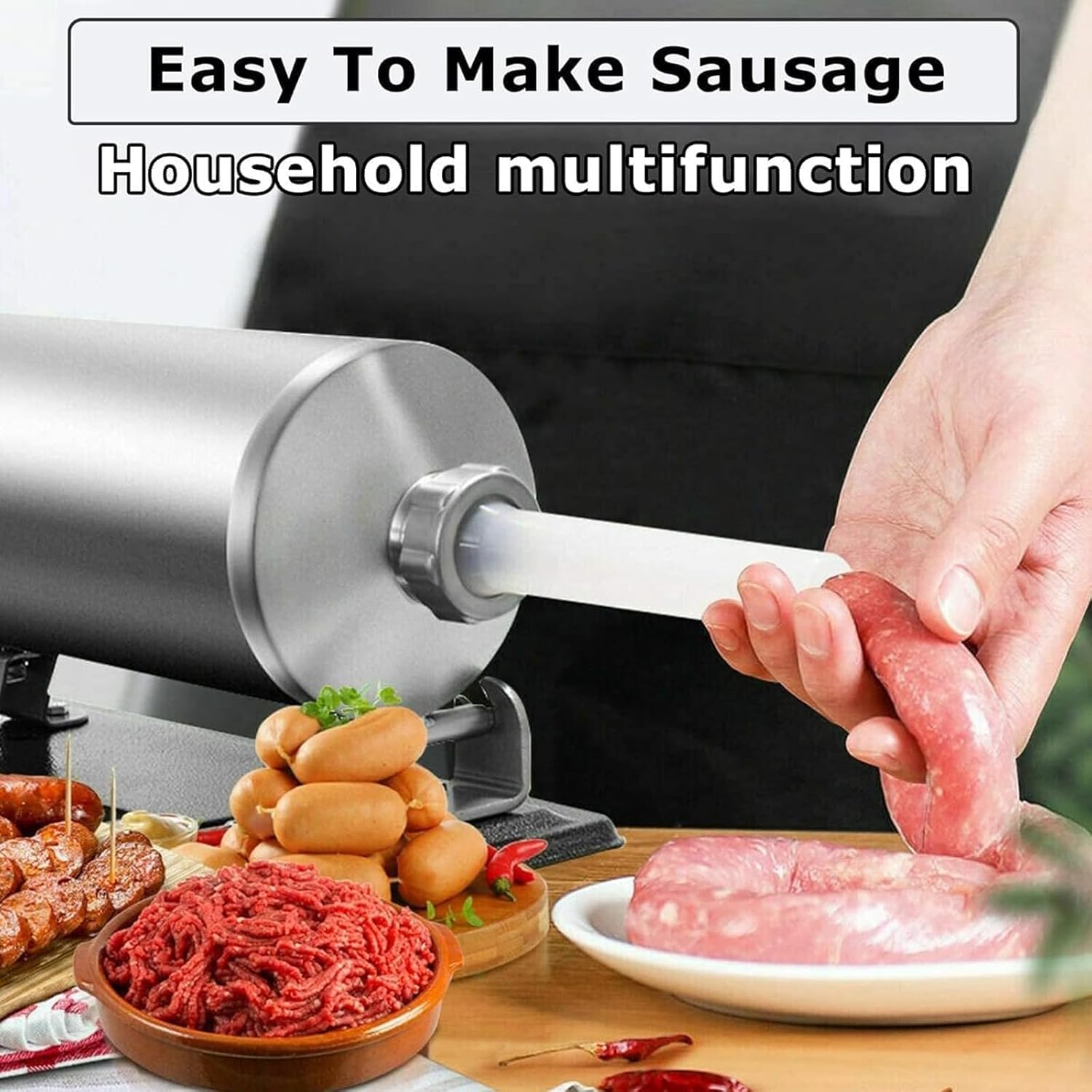 Sausage Stuffer Machine, 6LBS/3L Stainless Steel Horizontal Sausage Stuffer Maker Manual Sausage Filler with 4 Filling Tubes