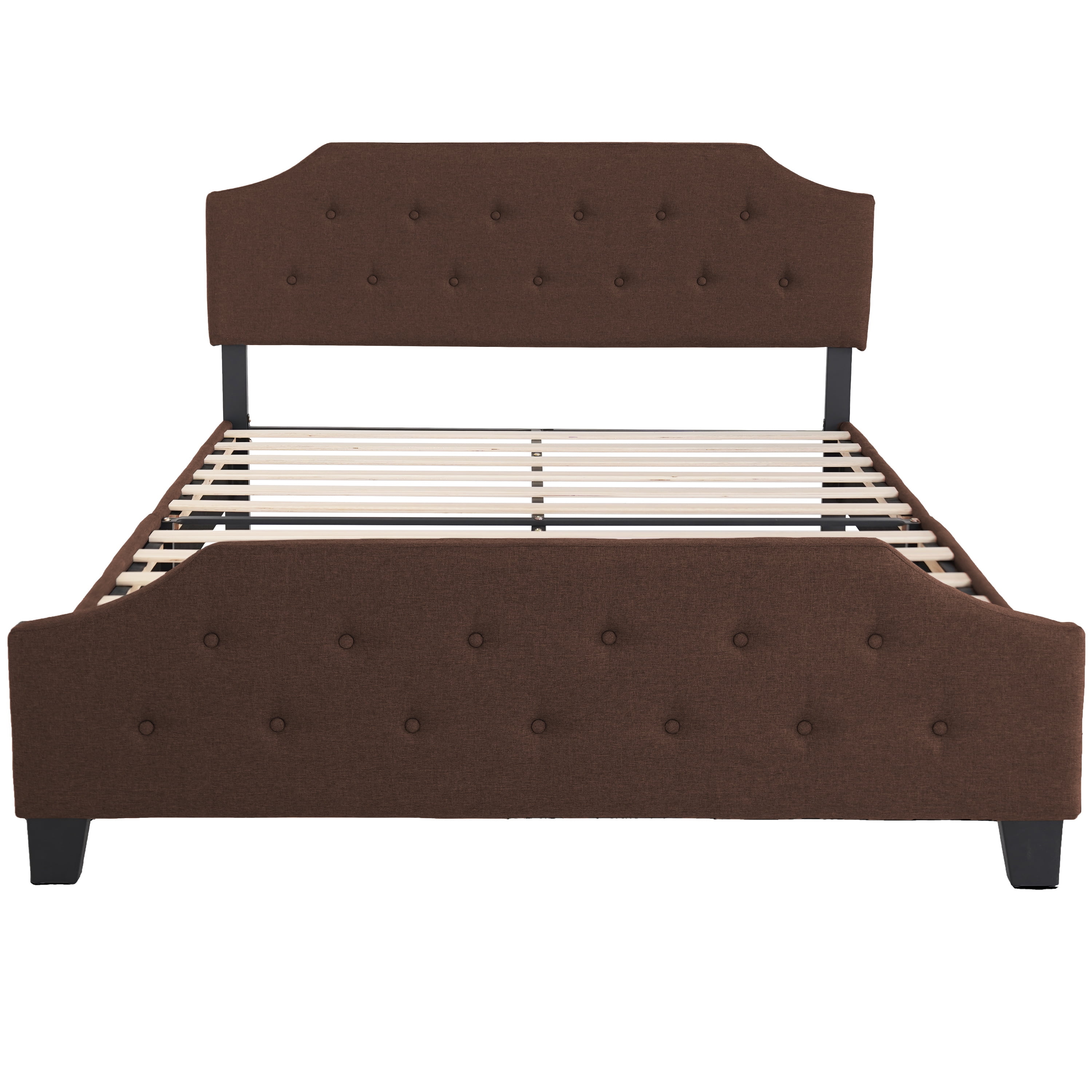 Upholstered Tufted Platform Bed Frame with Bonus Base Wooden Slat System, Queen, Brown