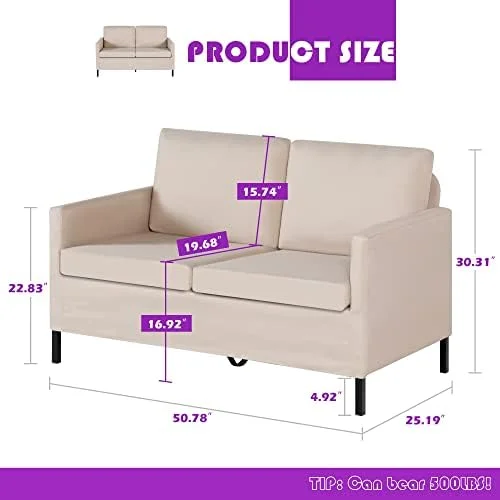 RUNFAYBIU Fabric Modern Small Loveseat Sofa Couch for Living Room  51"