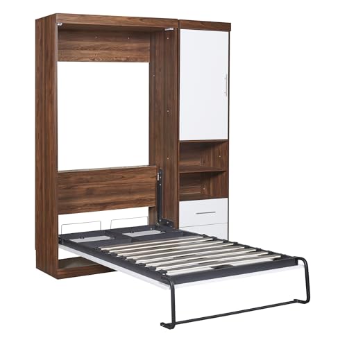 SOFTSEA Full Murphy Bed Wall Beds, Wood White Cabinet Bed 61.5” Foldable Platform Bed with Shelf for Guest Room