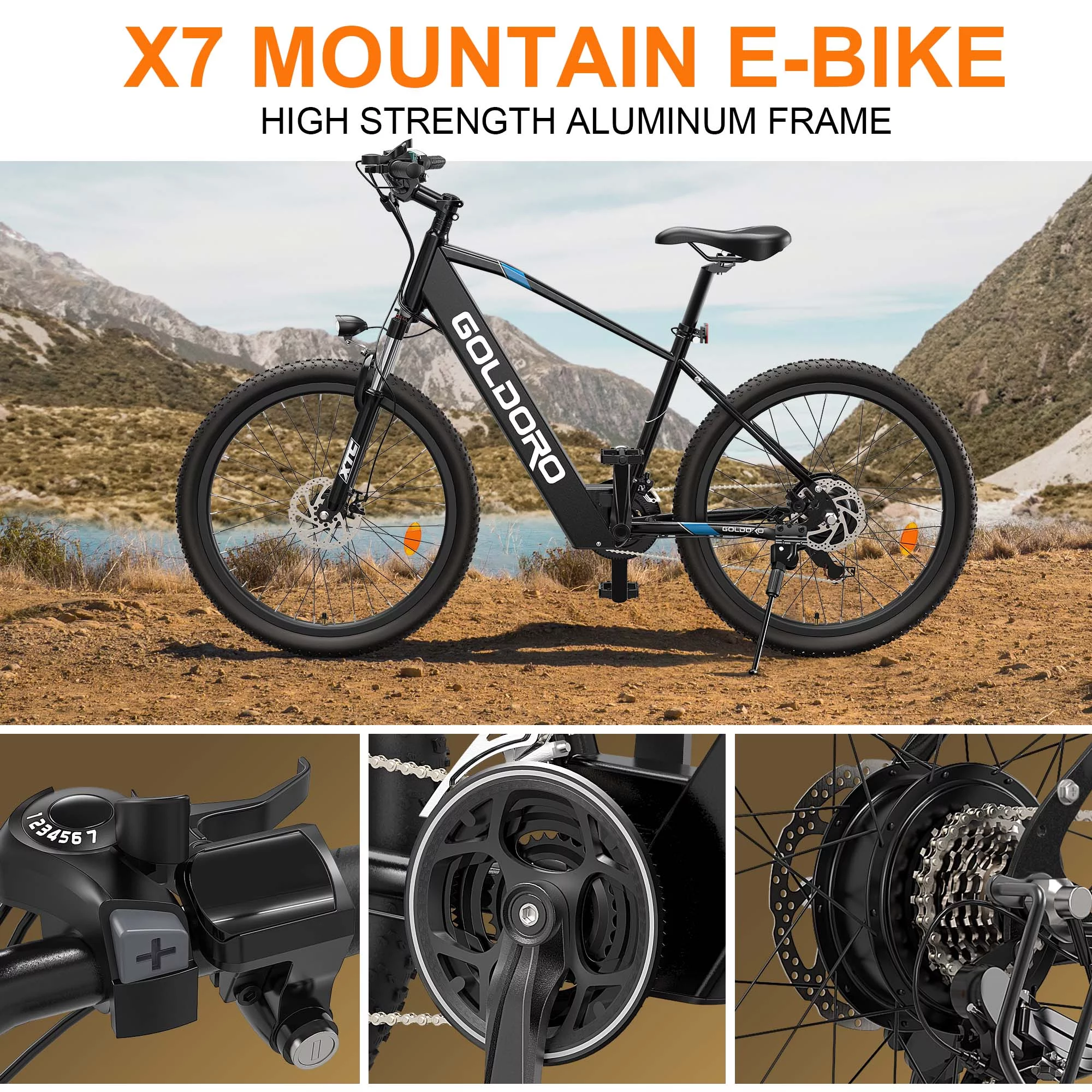 Goldoro Electric Bike for Adult 26" X7 Aluminum Alloy Mountain Bike, 250W/36V, Max 18 mph, 21 Speed