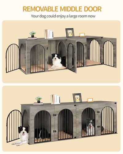 71" Dog Crate Furniture for 2 Dogs, Heavy Duty Indoor Dog Kennel TV Stand, XXL Wooden Dog Cage with Divider for Medium Large Dogs