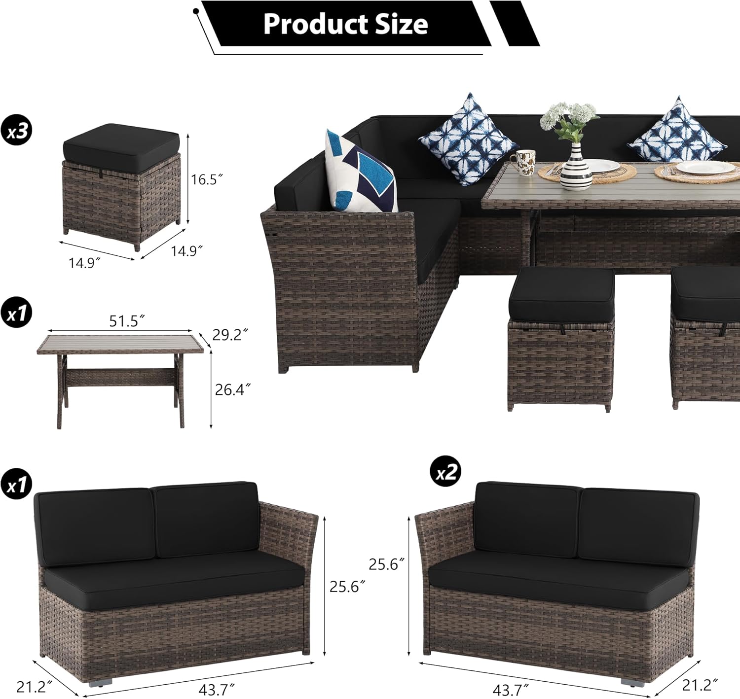KIGOTY Patio Set 7-Piece Outdoor Dining Set,Patio Table and Chairs Set with Soft Cushions Lawn Furniture for Deck,Backyard, Garden (BR-Black)