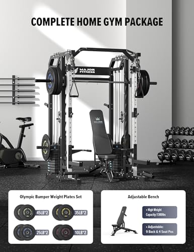 Major Fitness Smith△ Machine Drone2 Premium, All-in-One Home Gym Squat Rack with Aluminum Pulley Set , Weight Bar