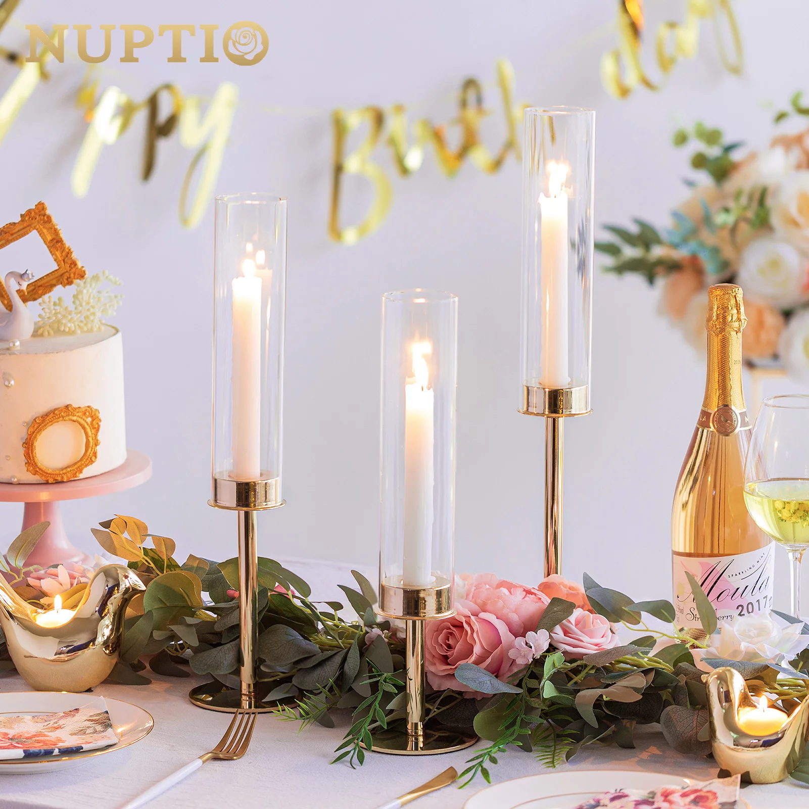 Nuptio Gold Taper Candle Holders with Hurricane Glass Tall Brass Candlestick Holder for Wedding Christmas Table Centerpiece Set of 6