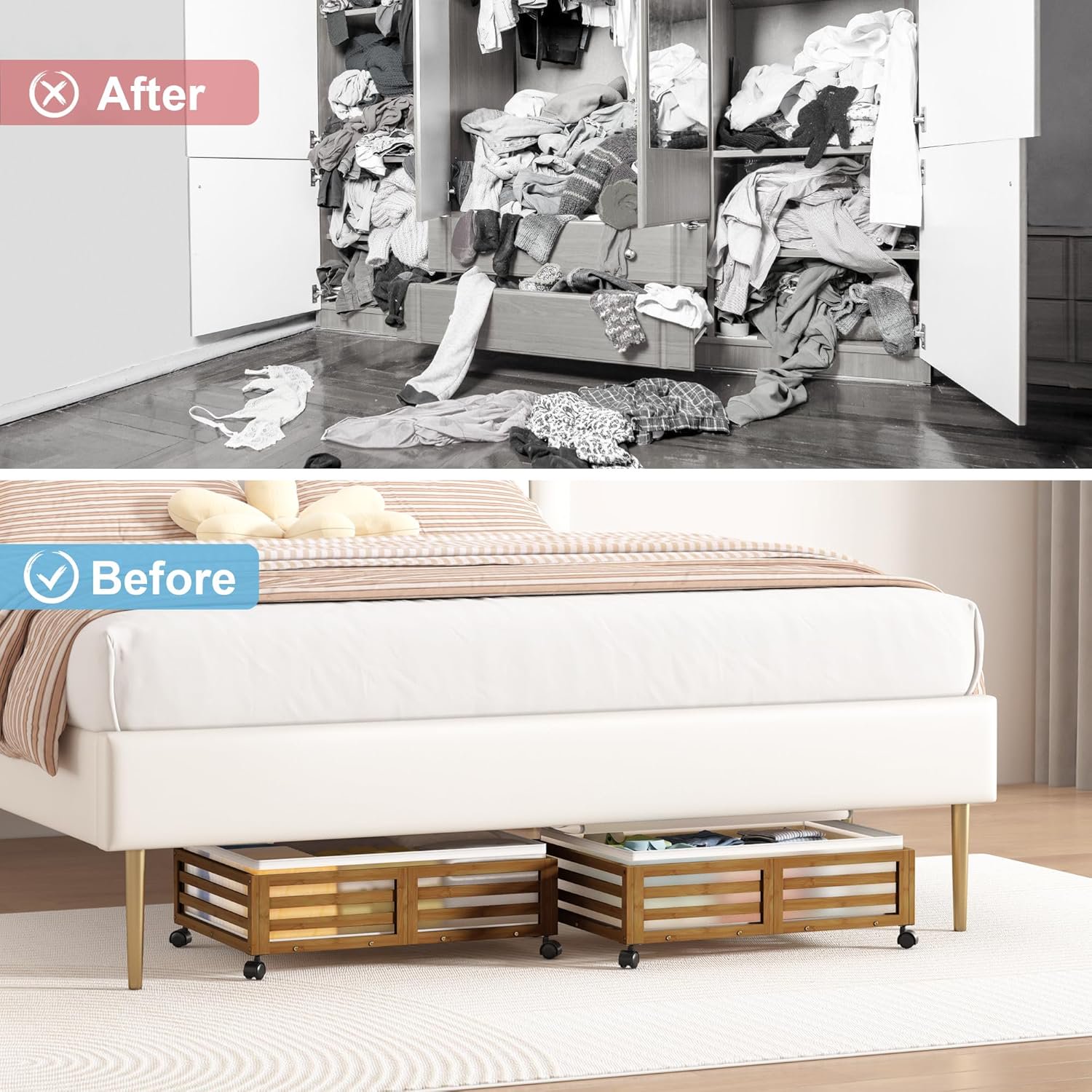 Under Bed Storage Containers With Wheels - 2 Pcs Bamboo Wood Rolling Underbed Shoe Storage Bins With Dust Bags for Clothes Blankets