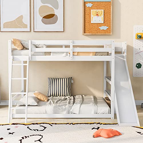 Full-Over-Full Castle Style Bunk Bed with 2 Drawers and 3 Shelves, Wood Bunk Bed Frame with Slide and Storage Staircase for Kids Teens Boys Girls