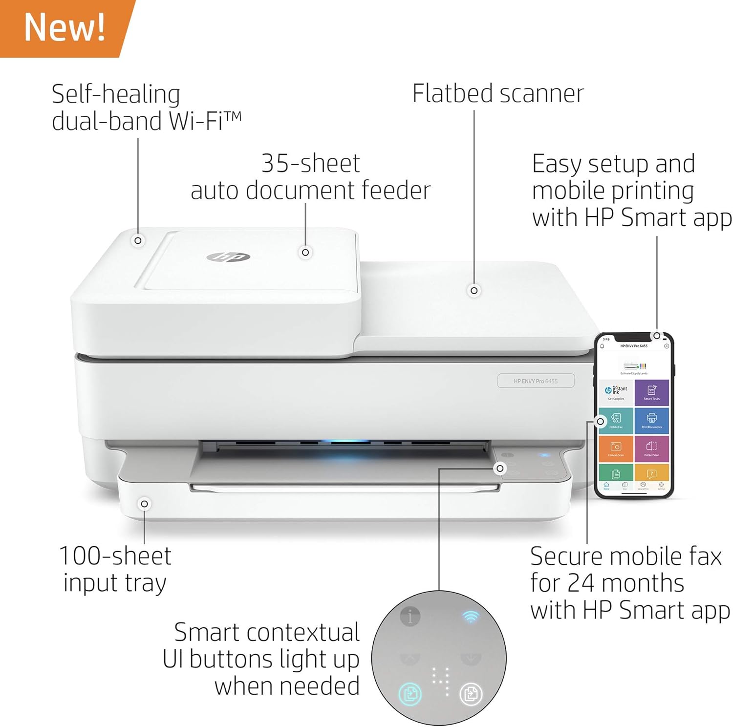 (Renewed) HP Envy Pro 6455 Wireless All-in-One Printer | Mobile Print, Scan & Copy | Auto Document Feeder (5SE45A)