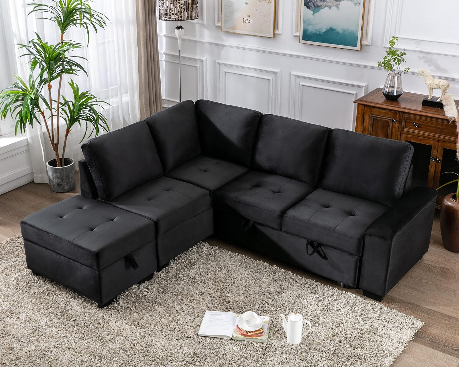 XD Designs Modern Reversible Sleeper Sectional Sofa, L-Shape Corner Couch, Pull Out Sofa-Bed Couch with Storage Ottoman and Hidden Arm Storage