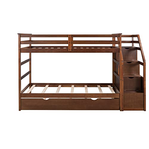 Harper & Bright Designs Twin Over Twin Bunk Bed with Trundle, Wood Bunk Bed with Storage Stairs for Kids Teens Adults (Walnut)