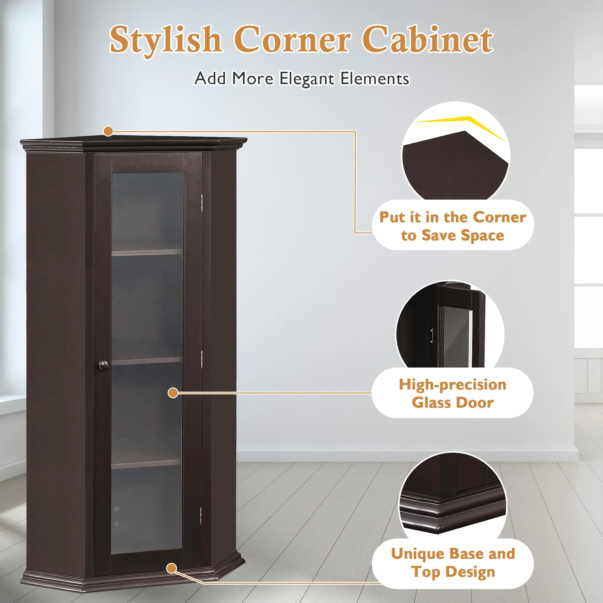 Freestanding Bathroom Cabinet with Glass Door, Corner Storage Cabinet for Bathroom, Living Room and Kitchen, MDF Board with Painted Finish