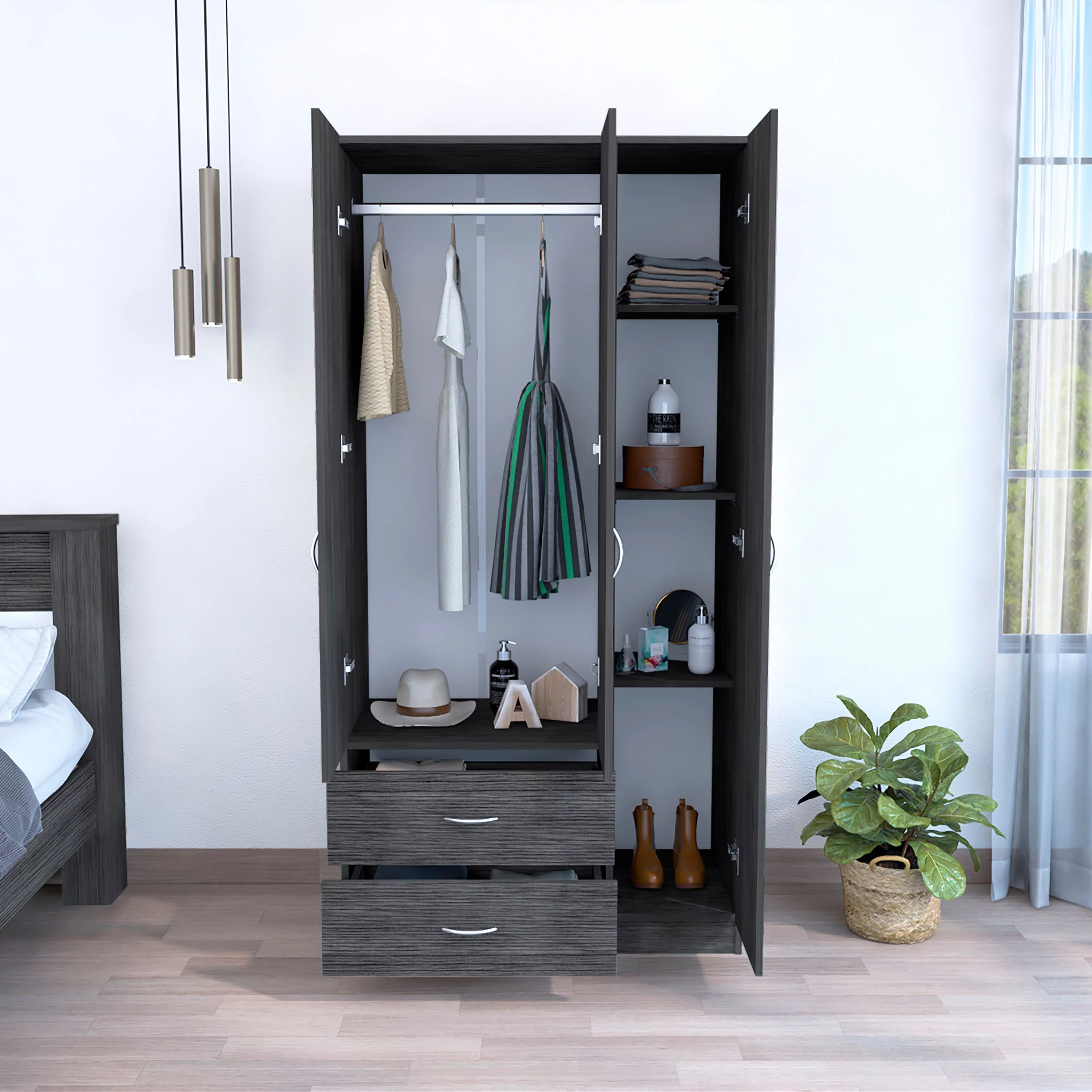 FM FURNITURE Eureka Three Door Armoire, Two Drawers, Rod ,Smokey Oak