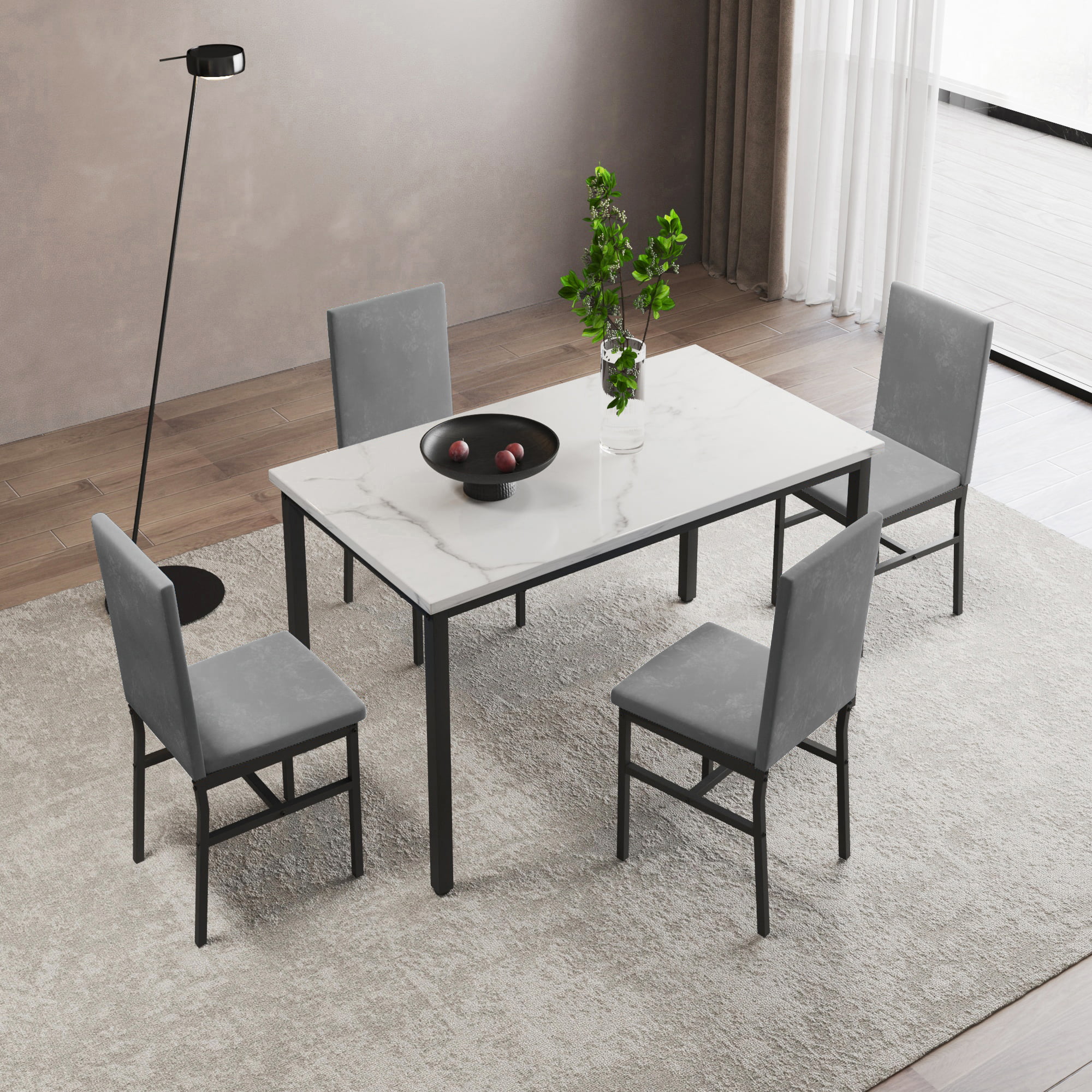 Modern Dining Set for 4, 5-Piece Dining Table and Chairs Set, 1 Table with White Marble Top, 4 Gray Velvet Chairs for Kitchen Dining Room Living Room