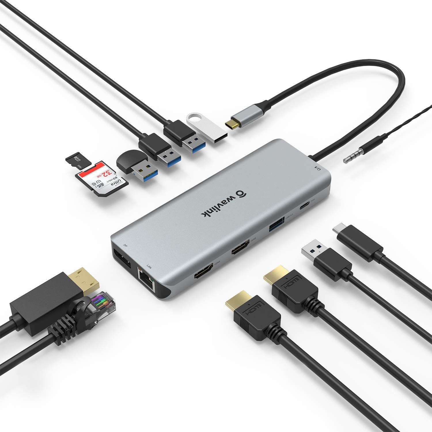 WAVLINK USB C Hub/Docking Station, Triple Display Type-C Adapter with 2 HDMI, Display Port, Ethernet,3 USB 3.0, 2 USB 2.0,SD/TF Card Reader