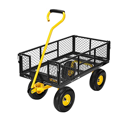VIVOHOME Heavy Duty 880 Lbs Capacity Mesh Steel Garden Cart Folding Utility Wagon with Removable Sides and 4.10/3.50-4" Wheels 10 inch Tire (Black)