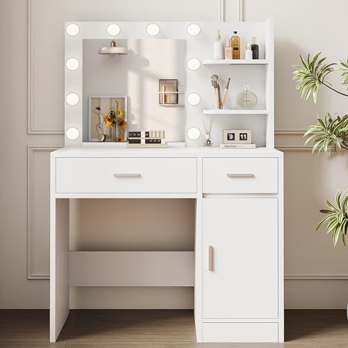 Vanity Desk with Mirror and Lights, Makeup Vanity with Drawer & Storage Shelves, Cabinet, 3 Lighting Modes Adjustable Brightness