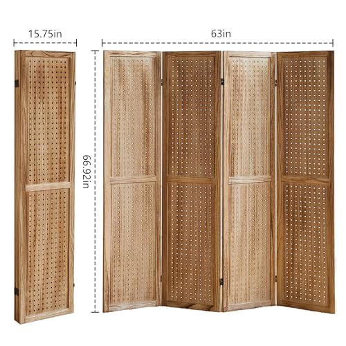 4 Panel Room Dividers and Folding Privacy Screens, 5.6Ft Wooden Pegboard Display, Privacy Dividers for Bedroom