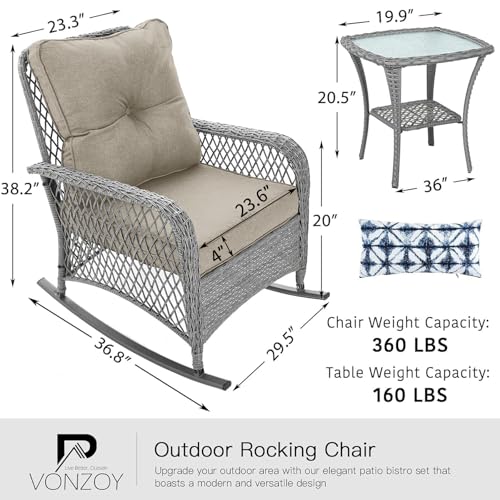 Patio Furniture Set 3 Pieces, Wicker Rocking Bistro Set with Thick Cushions, Outdoor Rocker Chairs and Coffee Table for Porch