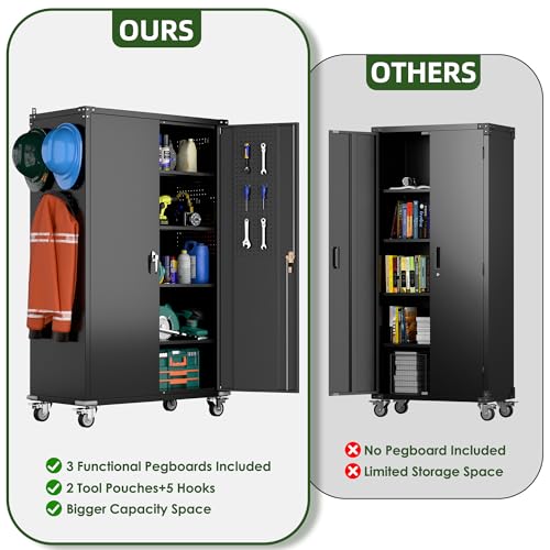 71" Metal Storage Cabinet with Wheels and Pegboard, Lockable Rolling Steel Storage Cabinet with 5 Adjustable Shelves and Door for Garage, Office