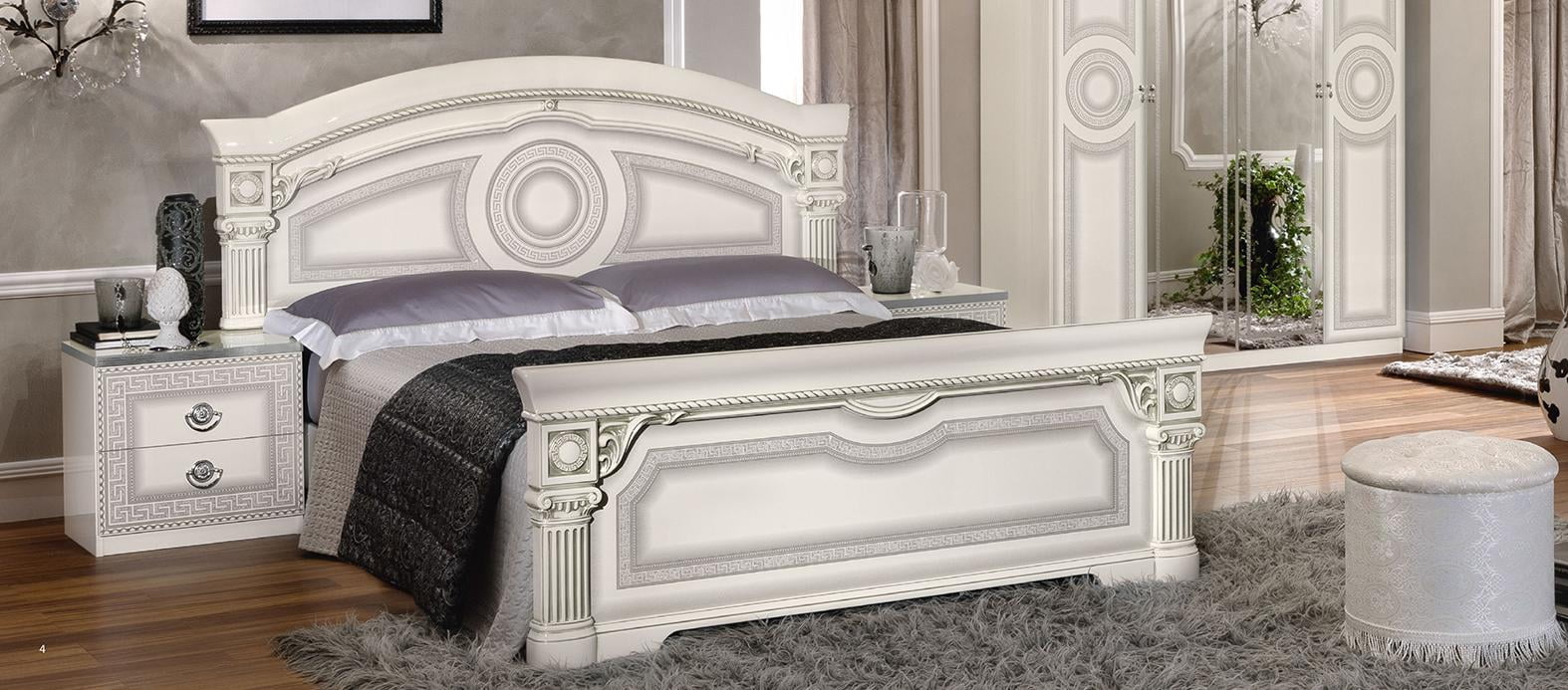Glossy White Silver Finish Queen Bedroom Set 3Pcs Made in Italy ESF Aida