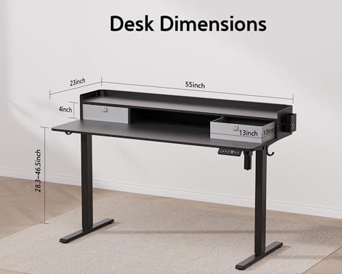 48x24 Inches Electric Standing Desk with 2 Drawers, Height Adjustable Stand up Desk for Home Office, Ergonomic Sit to Stand Table with Storage Shelf