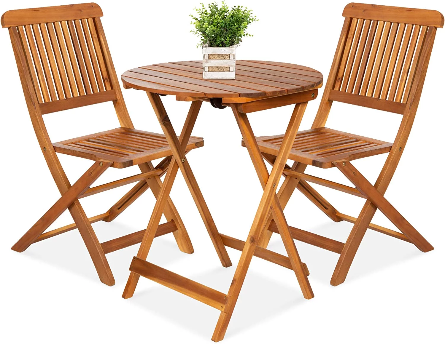 3-Piece Acacia Wood Bistro Set, Folding Patio Furniture for Backyard, Balcony, Deck w/ 2 Chairs, Round Coffee Table, Teak Finish - Natural