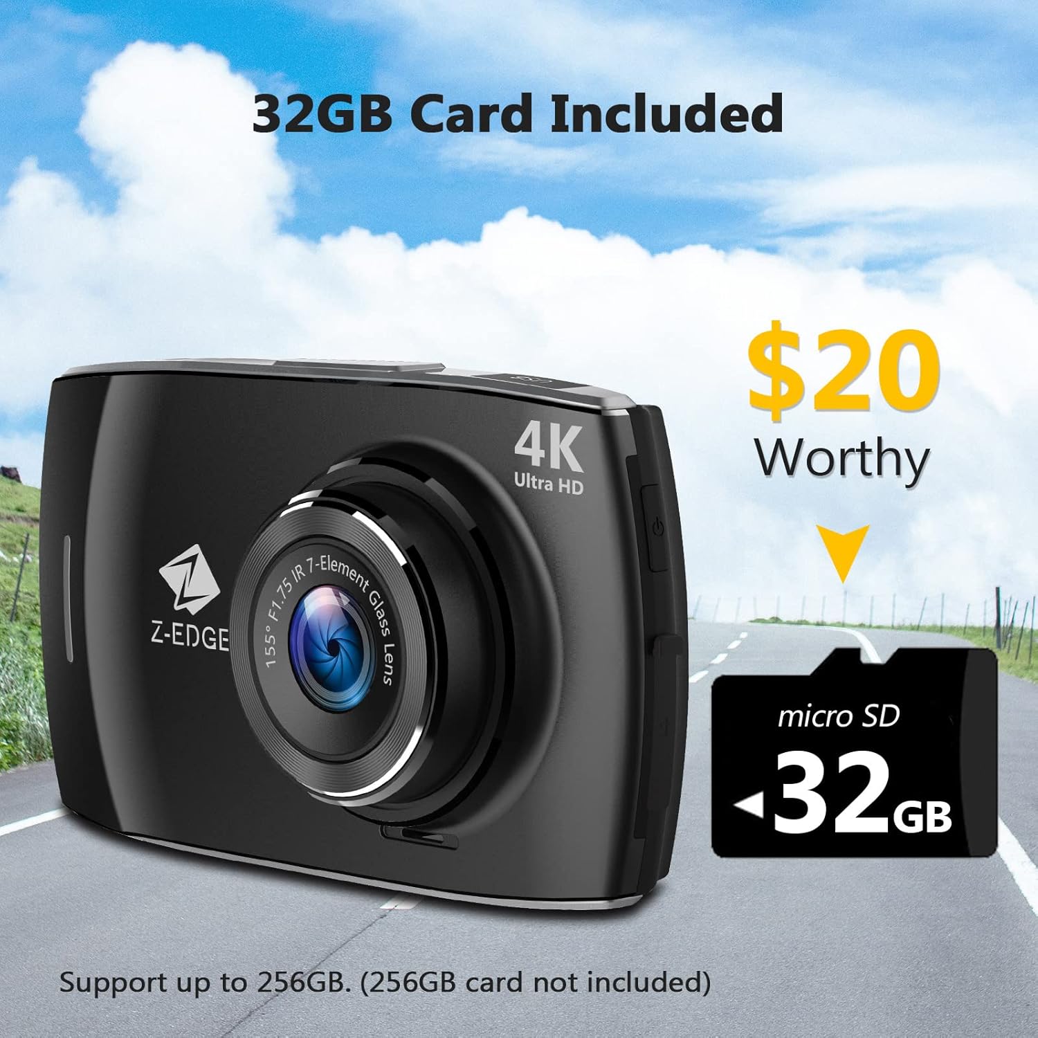Z-Edge 4K Dual Dash Cam Built-in WiFi, Touch Screen Front and Rear Dash Cam FHD 1080P with Night Mode, 32GB Card Included,155 Degree Wide Angle, WDR