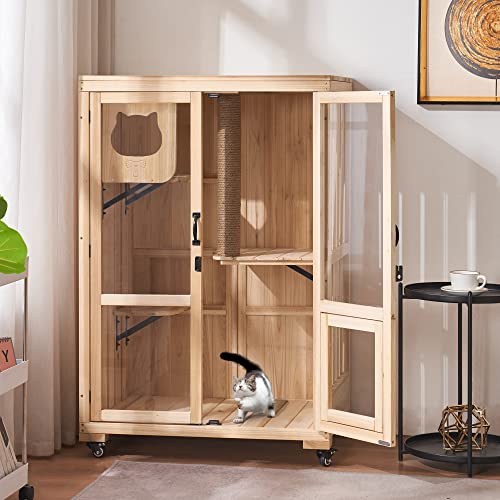 MCombo Luxury Cat House with Scratching Post, Wooden Multi Feature Large Cat Condo with Escape Door and Wheels