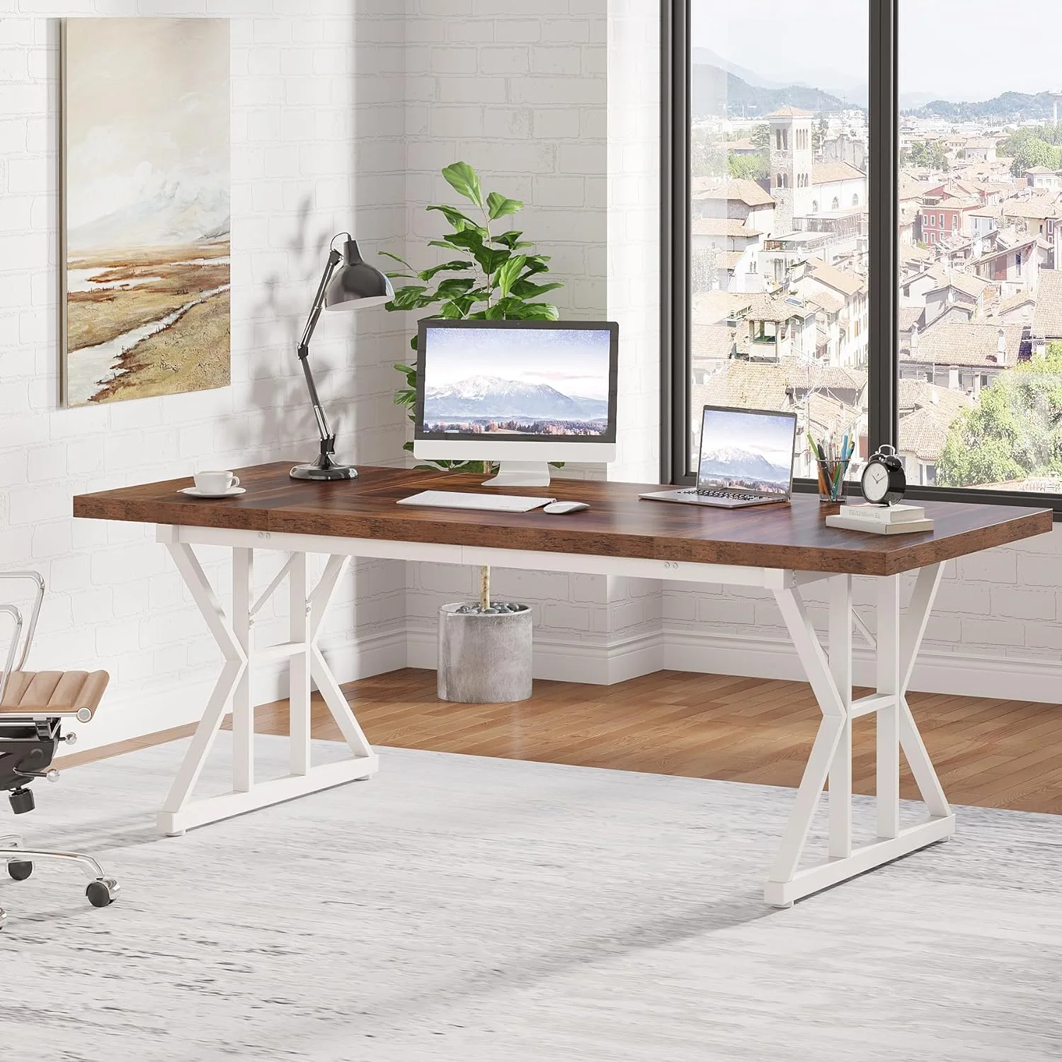 Tribesigns 71" Executive Desk, Large Computer Desk Study Writing Table for Home Office (Brown/White) - Curated Treasures Market
