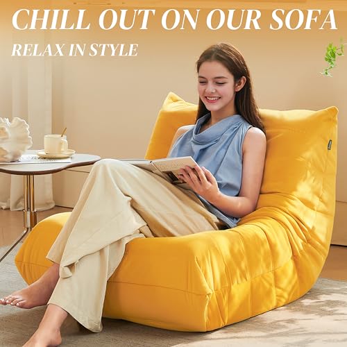 Bean Bag Chair for Adults - Suede & Microfiber Fireside Floor Chair, Comfortable Corner Lounge Sofa for Living Room, Bedroom, Office (3-Seater, Beige)