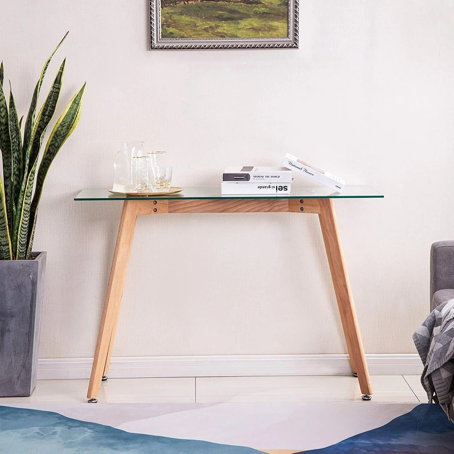YOJFOTOOU. Glass Console Table, Narrow Entryway Hallway Table Modern Foyer Table with Solid Wood Legs for Entryway Living Room