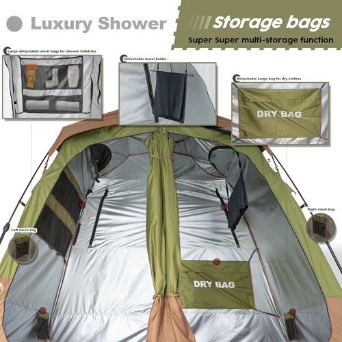 Camping Shower Tent Deluxe Changing Room Easy Set Up Privacy Shelter,Large Toilet Tent 2 Rooms with Floor Drain Design for Beach, Camping