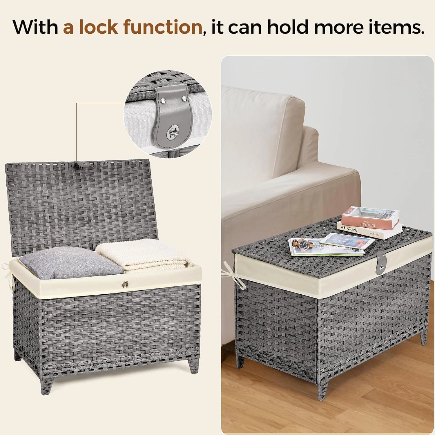 Wicker Storage Basket with Lid,Rattan Shelf Basket with Removable Liner Bag,160L Storage Bin,Storage Trunk with Heightened Feet