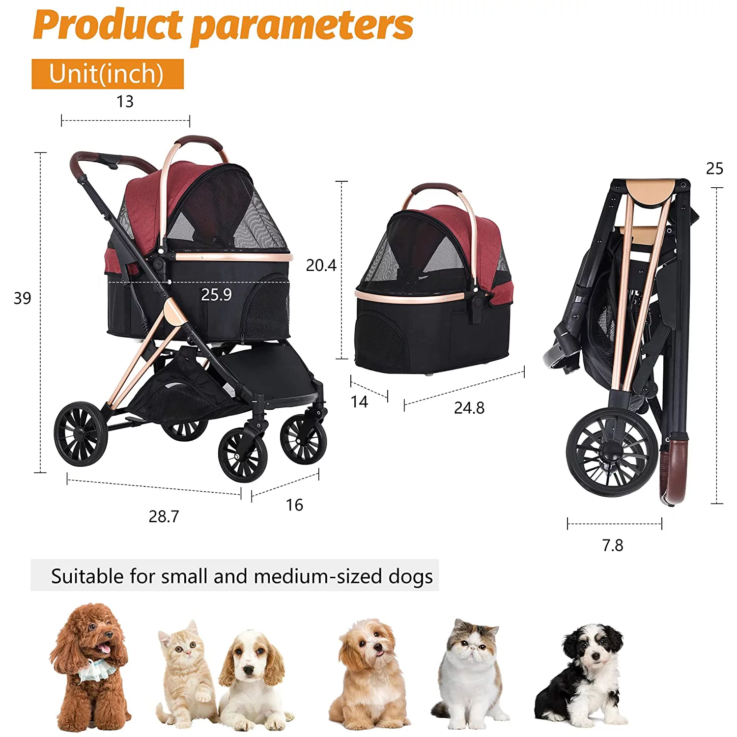 NiamVelo 3-in-1 Dog Cat Stroller for Small Medium Dogs, Premium Foldable Travel Pet Gear Stroller with Detachable Carrier 4 Wheel Wagons, Wine
