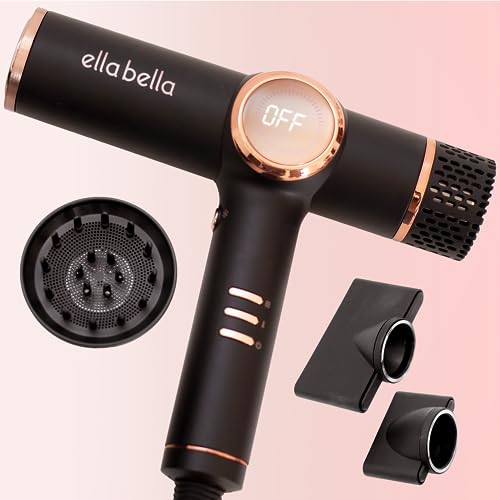 ELLA BELLA® Professional Ionic Hair Dryer with Diffuser • Negative Ion Blow Dryer • Suitable All Hair Types • Intelligent Heat Control & Rapid Drying