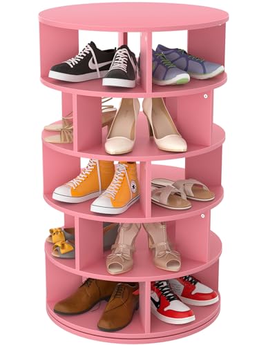 Aheaplus Rotating Shoe Rack, 5-Tier Wood Shoe Organizer for Closet, 360° Spinning Shoe Rack Tower Space-Saving Shoe Storage Shelf for Entryway